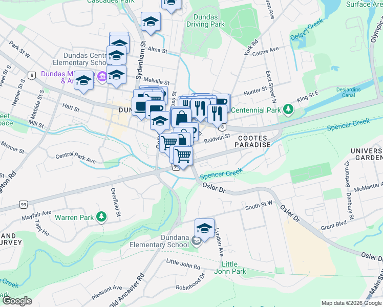 map of restaurants, bars, coffee shops, grocery stores, and more near 71 Main Street in Hamilton