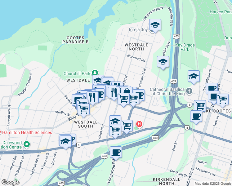 map of restaurants, bars, coffee shops, grocery stores, and more near 33 Longwood Road North in Hamilton