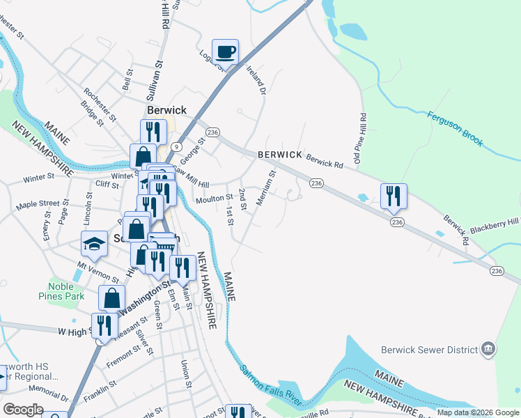 map of restaurants, bars, coffee shops, grocery stores, and more near 15 2nd Street in Berwick