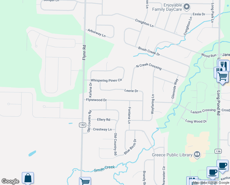 map of restaurants, bars, coffee shops, grocery stores, and more near 310 Leerie Drive in Rochester