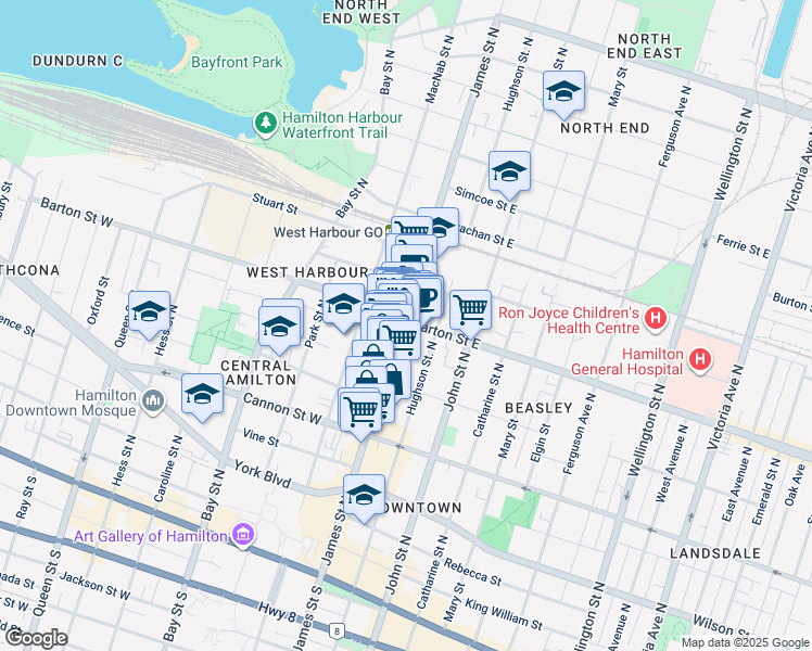 map of restaurants, bars, coffee shops, grocery stores, and more near in Hamilton