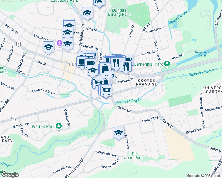 map of restaurants, bars, coffee shops, grocery stores, and more near 4 York Street in Hamilton
