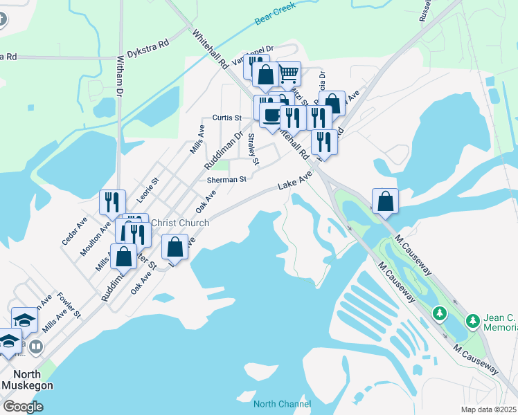 map of restaurants, bars, coffee shops, grocery stores, and more near 2411 Lake Avenue in North Muskegon
