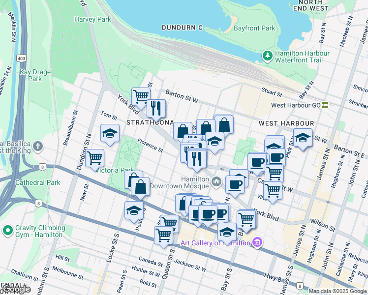 map of restaurants, bars, coffee shops, grocery stores, and more near 29 Oxford Street in Hamilton