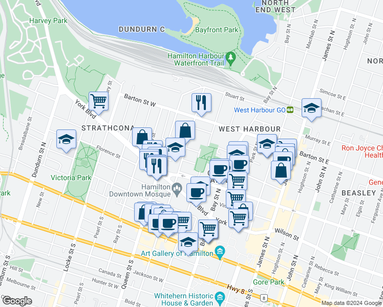 map of restaurants, bars, coffee shops, grocery stores, and more near 29 Harriet Street in Hamilton