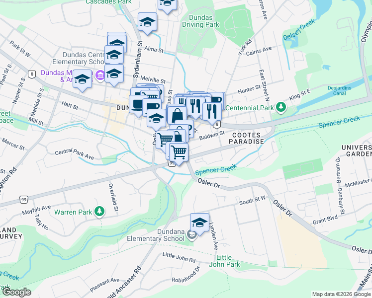 map of restaurants, bars, coffee shops, grocery stores, and more near 71 Main Street in Hamilton