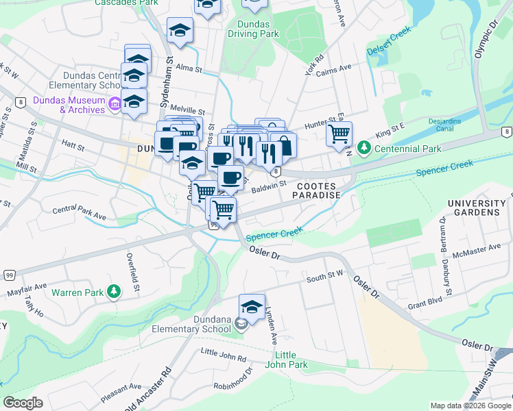 map of restaurants, bars, coffee shops, grocery stores, and more near 21 Dundas Street in Hamilton