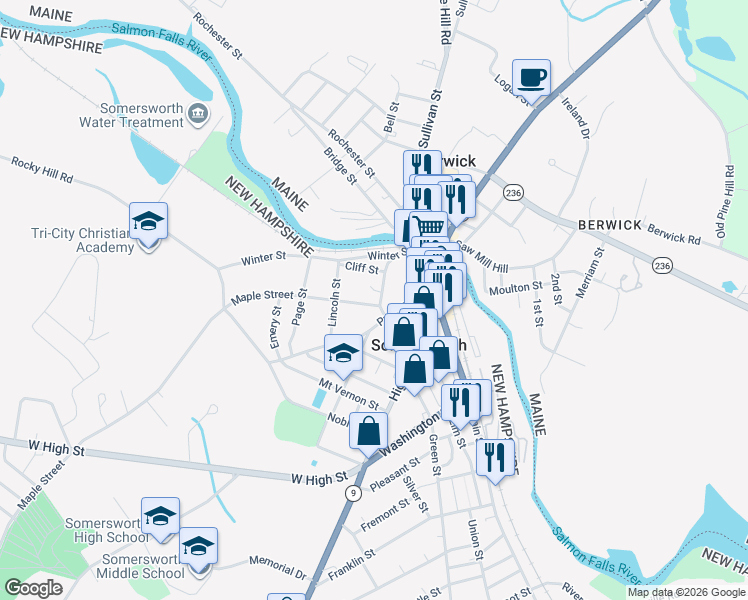 map of restaurants, bars, coffee shops, grocery stores, and more near 1 Maple Street in Somersworth