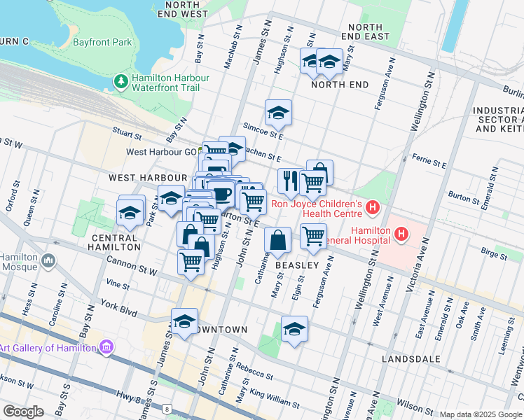 map of restaurants, bars, coffee shops, grocery stores, and more near 278 John Street North in Hamilton