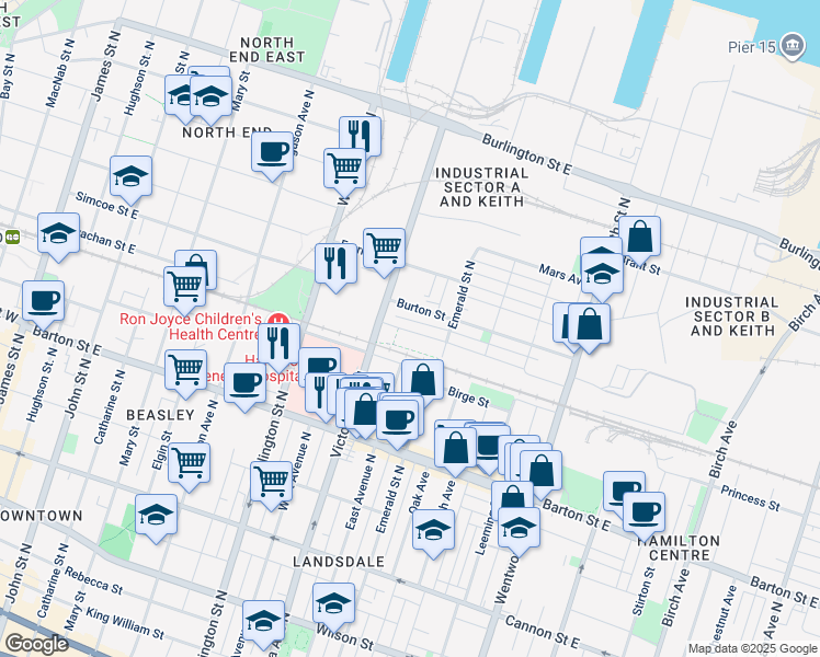 map of restaurants, bars, coffee shops, grocery stores, and more near in Hamilton