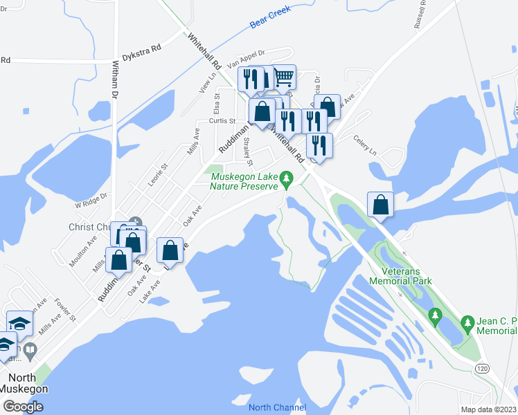 map of restaurants, bars, coffee shops, grocery stores, and more near 2411 Lake Avenue in North Muskegon
