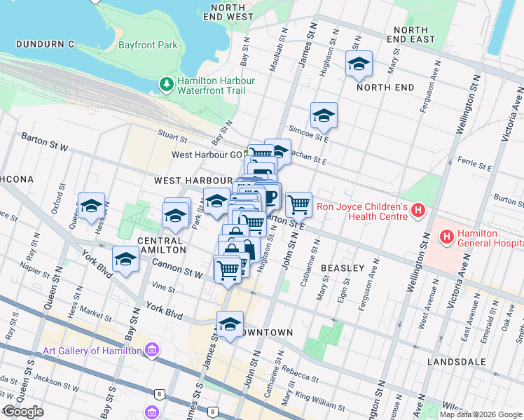 map of restaurants, bars, coffee shops, grocery stores, and more near 3 Barton Street East in Hamilton