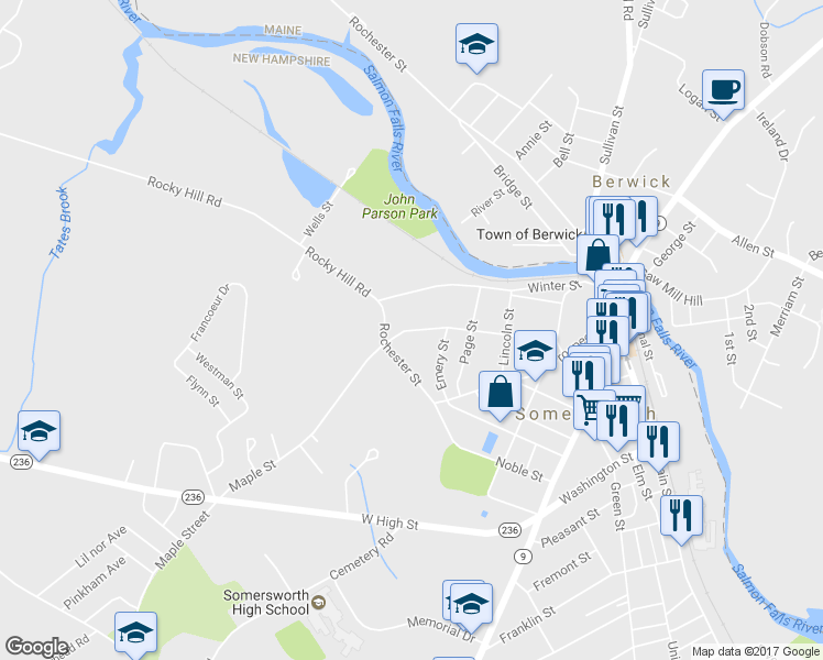 map of restaurants, bars, coffee shops, grocery stores, and more near 63 Maple Street in Somersworth