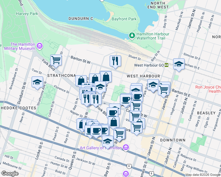 map of restaurants, bars, coffee shops, grocery stores, and more near 26 Harriet Street in Hamilton