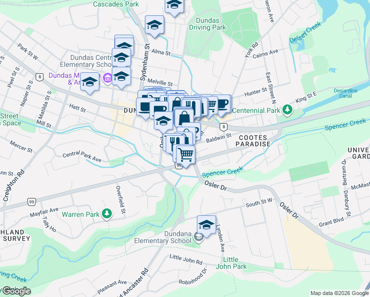 map of restaurants, bars, coffee shops, grocery stores, and more near 68 York Street in Hamilton