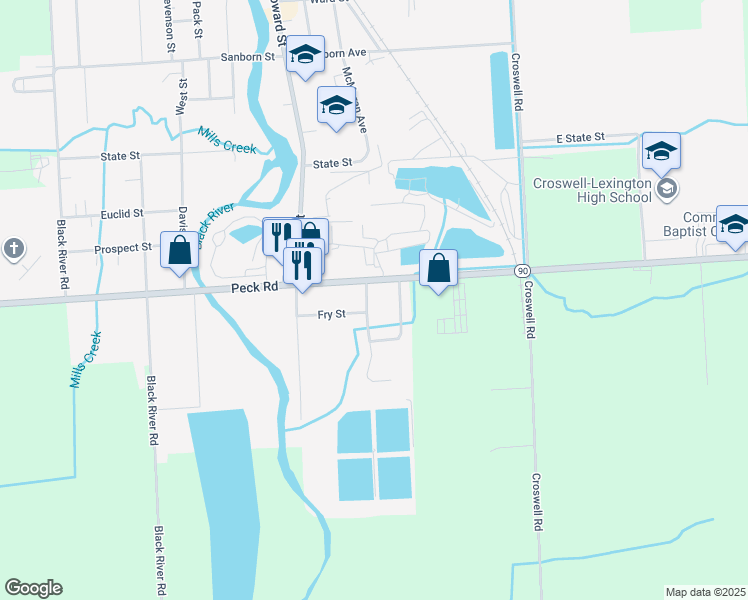 map of restaurants, bars, coffee shops, grocery stores, and more near 5102 Peck Road in Croswell