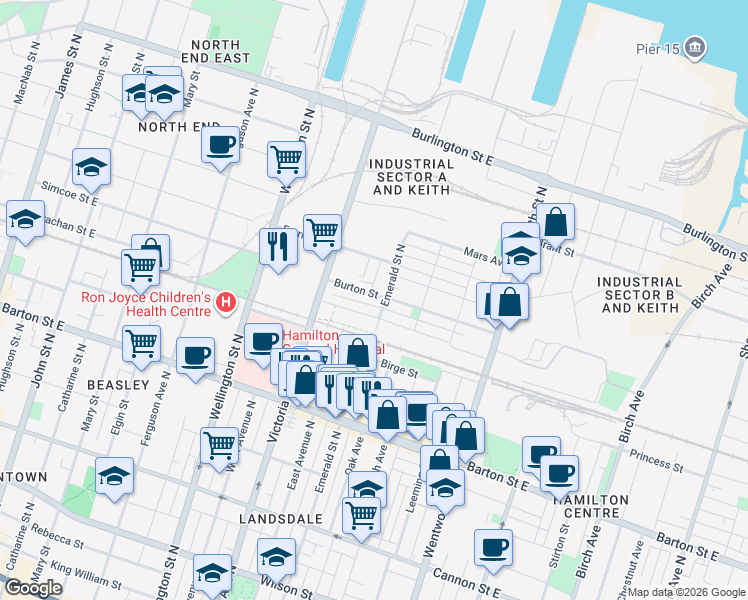 map of restaurants, bars, coffee shops, grocery stores, and more near 58 Burton Street in Hamilton