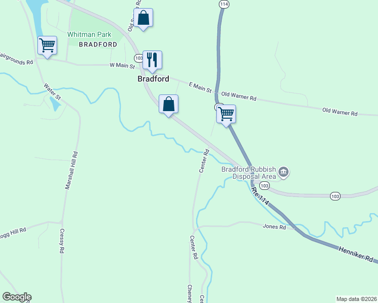 map of restaurants, bars, coffee shops, grocery stores, and more near New Hampshire 103 in Bradford
