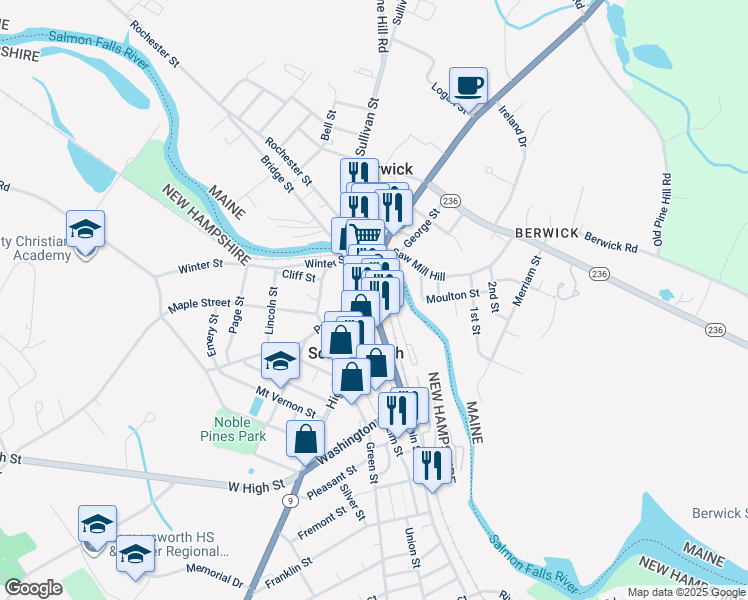 map of restaurants, bars, coffee shops, grocery stores, and more near 1 Beacon Street in Somersworth
