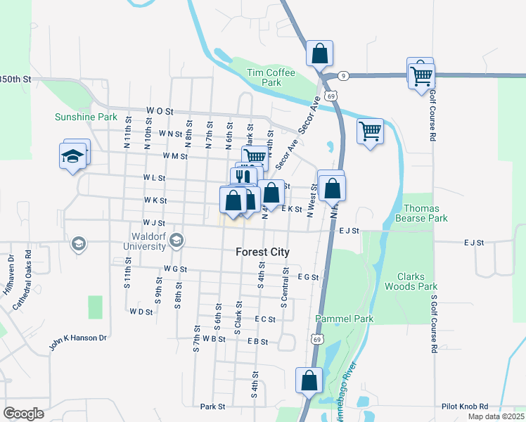 map of restaurants, bars, coffee shops, grocery stores, and more near 101-199 East K Street in Forest City