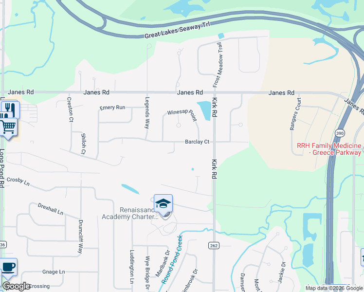map of restaurants, bars, coffee shops, grocery stores, and more near 85 Barclay Court in Rochester