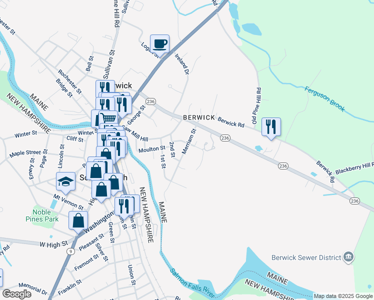 map of restaurants, bars, coffee shops, grocery stores, and more near 25 Copeland Street in Berwick
