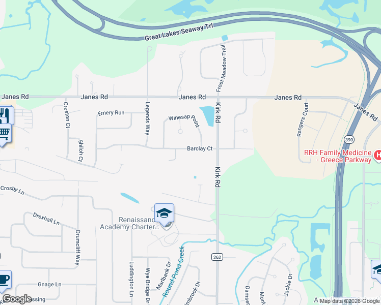 map of restaurants, bars, coffee shops, grocery stores, and more near 85 Barclay Court in Rochester