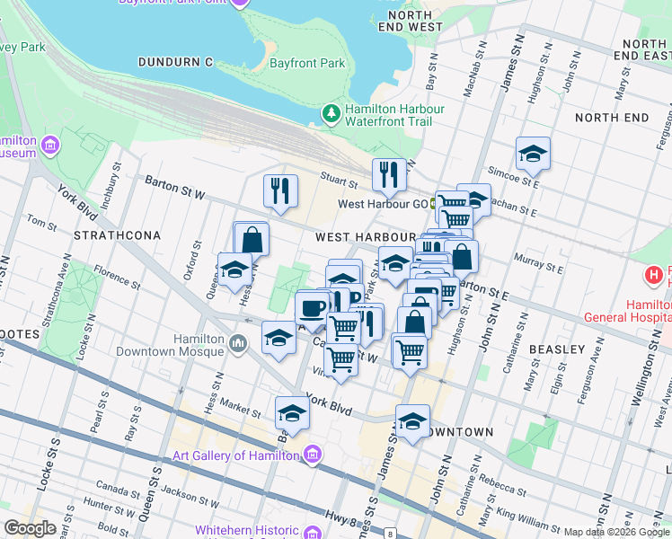 map of restaurants, bars, coffee shops, grocery stores, and more near 199 Bay Street North in Hamilton