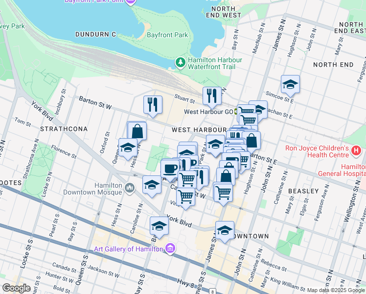 map of restaurants, bars, coffee shops, grocery stores, and more near 199 Bay Street North in Hamilton
