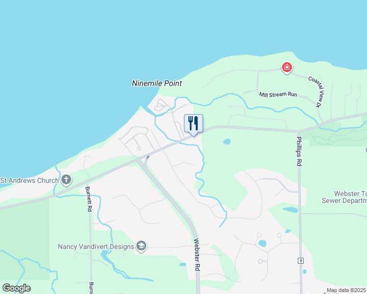 map of restaurants, bars, coffee shops, grocery stores, and more near 1305 Lake Road in Webster