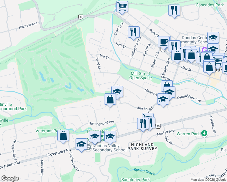 map of restaurants, bars, coffee shops, grocery stores, and more near 53 Larraine Avenue in Hamilton