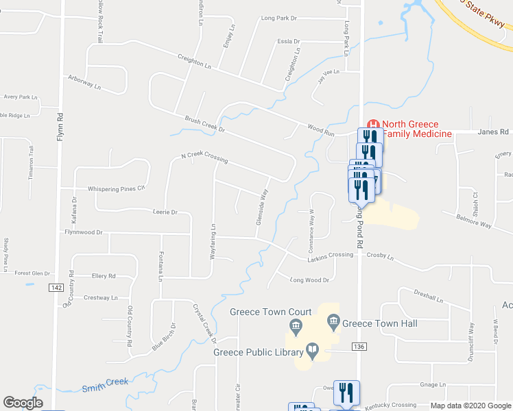 map of restaurants, bars, coffee shops, grocery stores, and more near 53 Glenside Way in Rochester