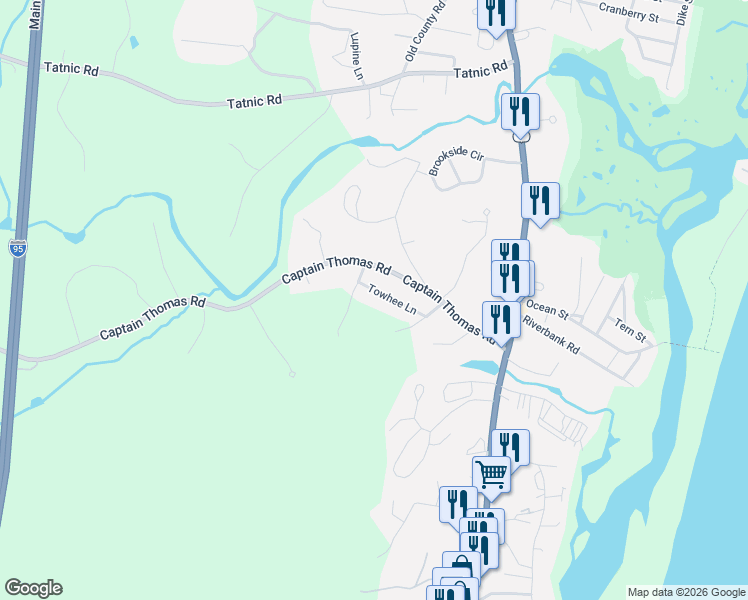 map of restaurants, bars, coffee shops, grocery stores, and more near 25 Towhee Lane in Ogunquit