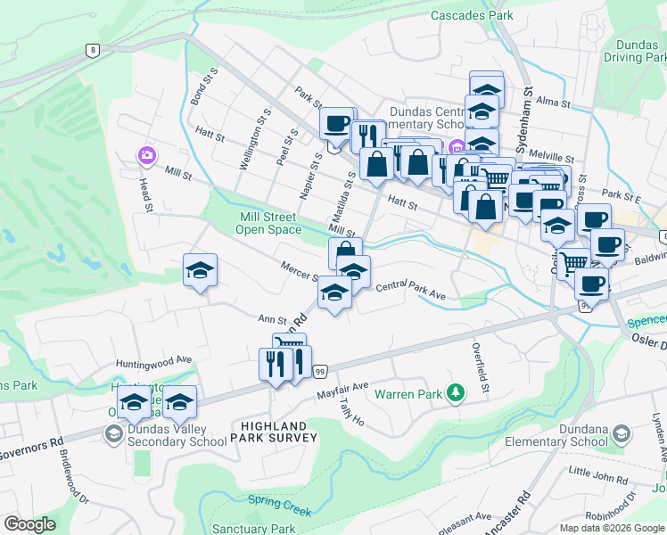 map of restaurants, bars, coffee shops, grocery stores, and more near 60 Creighton Road in Hamilton