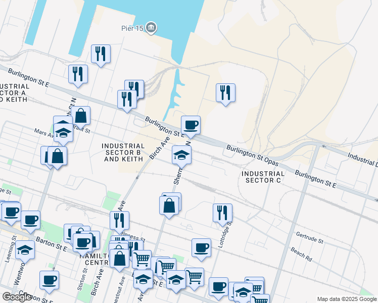 map of restaurants, bars, coffee shops, grocery stores, and more near 397 Sherman Avenue North in Hamilton