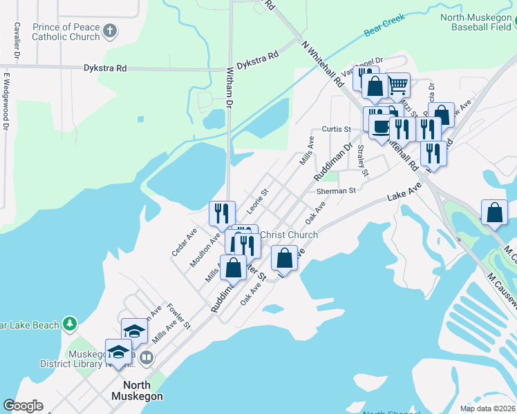 map of restaurants, bars, coffee shops, grocery stores, and more near 2017 Moulton Avenue in Muskegon