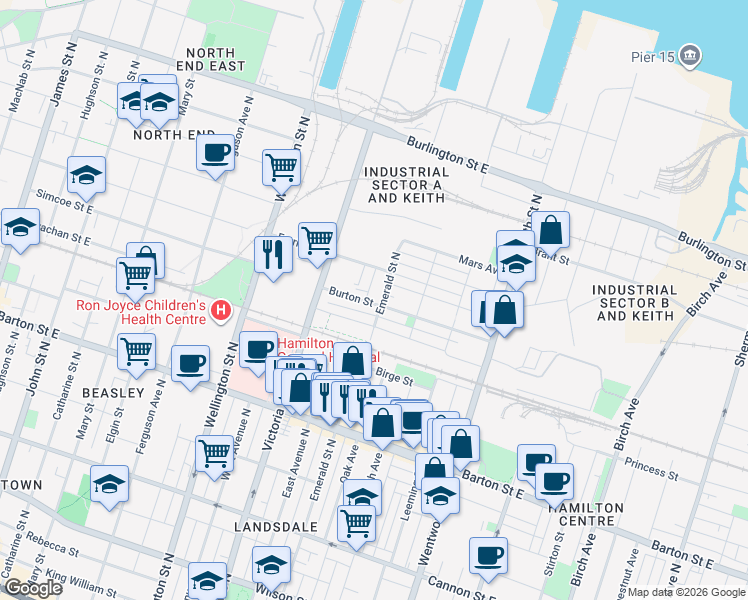 map of restaurants, bars, coffee shops, grocery stores, and more near 43 Burton Street in Hamilton