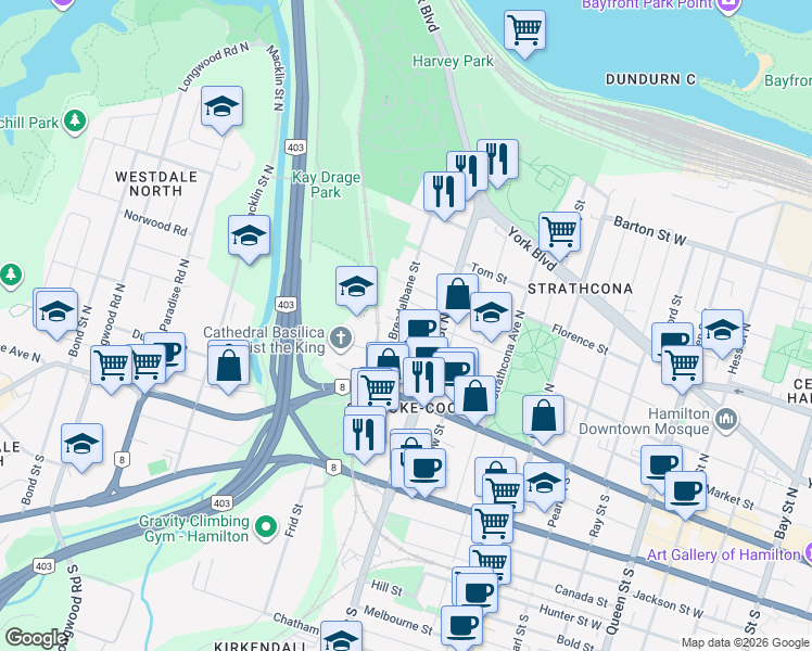 map of restaurants, bars, coffee shops, grocery stores, and more near 26 Baker Street in Hamilton