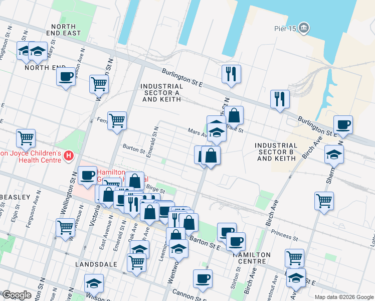 map of restaurants, bars, coffee shops, grocery stores, and more near 86 Francis Street in Hamilton