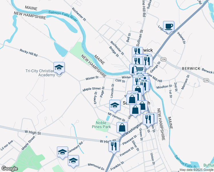 map of restaurants, bars, coffee shops, grocery stores, and more near 37 Maple Street in Somersworth