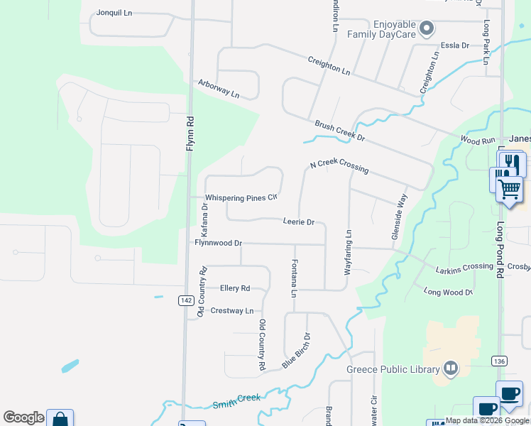 map of restaurants, bars, coffee shops, grocery stores, and more near 310 Leerie Drive in Rochester
