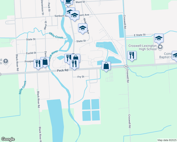 map of restaurants, bars, coffee shops, grocery stores, and more near 5102 Peck Road in Croswell