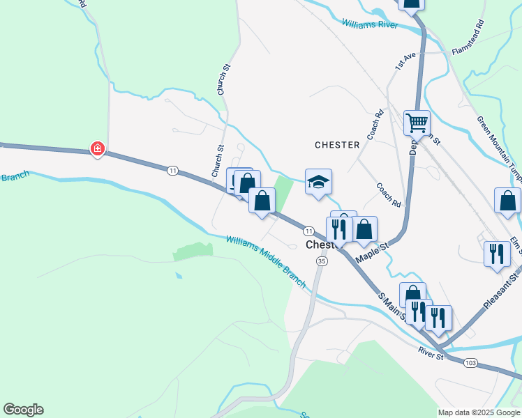 map of restaurants, bars, coffee shops, grocery stores, and more near 217 Main Street in Chester