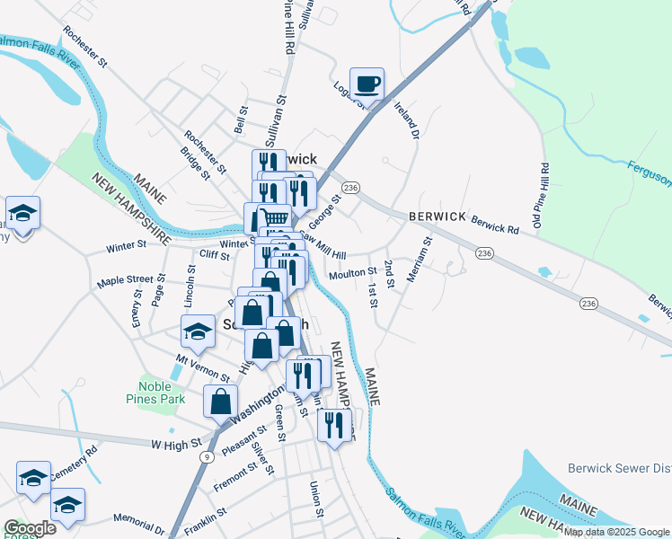 map of restaurants, bars, coffee shops, grocery stores, and more near 8 Lewis Lane in Berwick