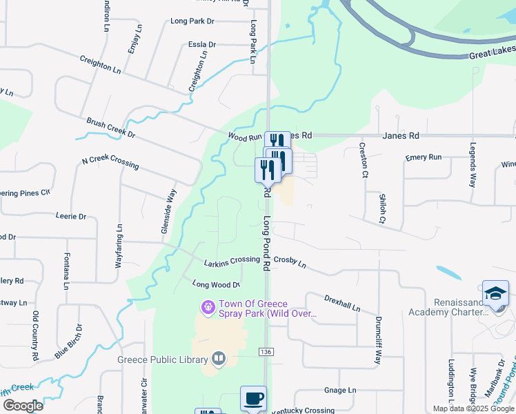map of restaurants, bars, coffee shops, grocery stores, and more near 23 Bluefield Manor in North Greece