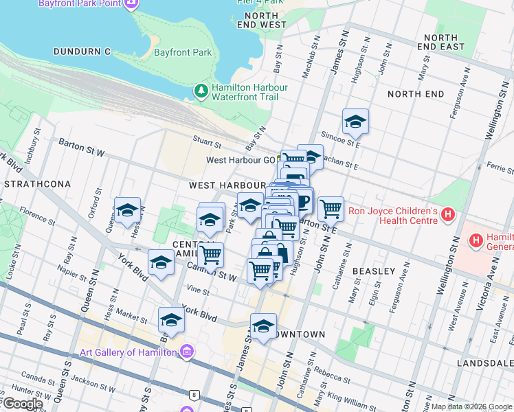 map of restaurants, bars, coffee shops, grocery stores, and more near 35 Barton Street West in Hamilton