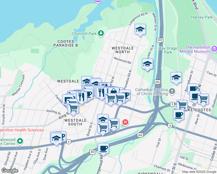 map of restaurants, bars, coffee shops, grocery stores, and more near 33 Longwood Road North in Hamilton