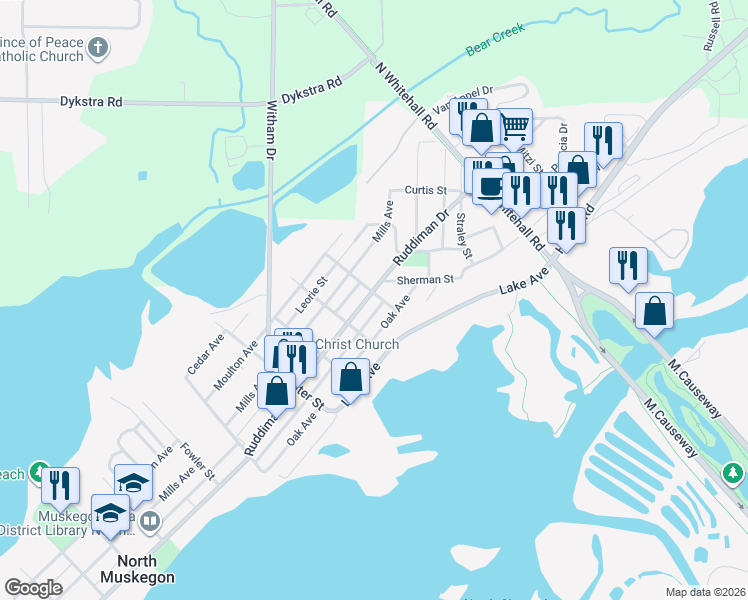 map of restaurants, bars, coffee shops, grocery stores, and more near 2121 Ruddiman Drive in North Muskegon