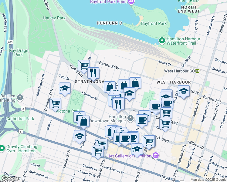 map of restaurants, bars, coffee shops, grocery stores, and more near 29 Oxford Street in Hamilton