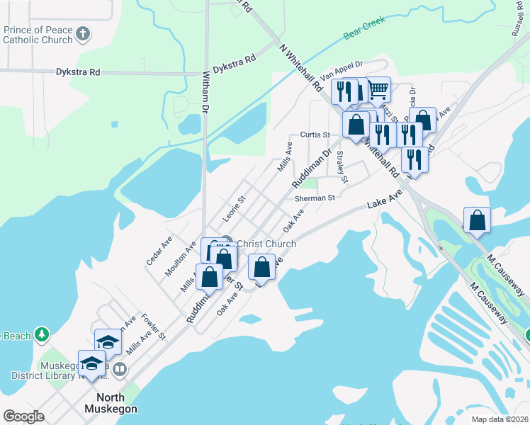 map of restaurants, bars, coffee shops, grocery stores, and more near 2121 Ruddiman Drive in North Muskegon